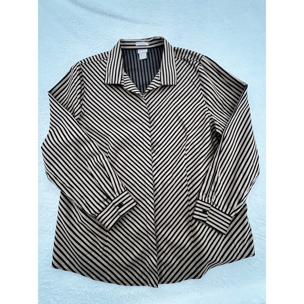 Chicos No Iron Striped Button Down Shirt Tan Black Size 3 US 16/18 Long Sleeve